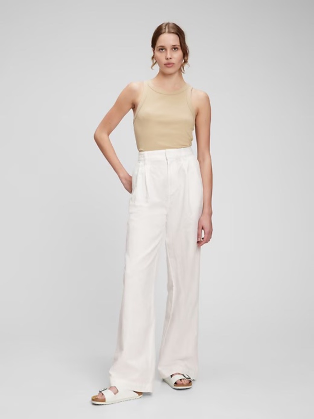 GAP High Rise Linen-Cotton Pleated Wide Leg Pants Off White 4